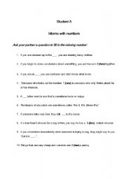 English Worksheet: idioms with numbers a pair work activity