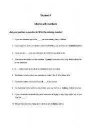 English worksheet: idioms with numbers a pair work activity