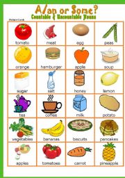 English Worksheet: Countable&Uncountable Nouns #  A/an or Some Game # Instructions # Fully editable