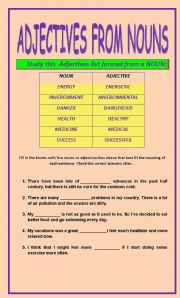 ADJECTIVES FROM NOUNS, ABOUT HEALTH AND  EXERCISES WITH ANSWER KEY