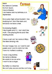 English Worksheet: Carmen: A reading with comprehension exercises, quizzes, suggestions for use and a key.