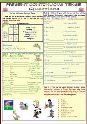 English Worksheet: Present Continuous Tense * questions * 4 pages * 11 tasks * with key ***fully editable***