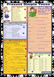 English Worksheet: Present Simple Tense *** 2 pages *** 9 tasks *** with KEY *** fully editable