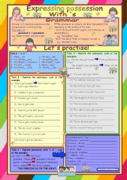 English Worksheet: Expressing possession with s *** elementary level *** 2 pages *** 8 tasks *** key *** fully editable ***