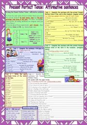 English Worksheet: Present Perfect Tense - affirmative sentence * elementary * grammar guide + 6 task * B&W *with key * fully editable