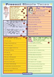 English Worksheet: Present Simple Tense *** 2 pages *** 9 tasks *** with key *** fully editable