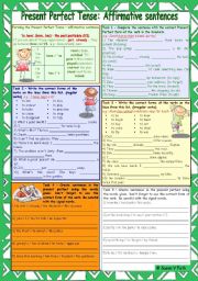 English Worksheet: Present Perfect Tense in green - affirmative sentence * elementary * grammar guide + 5 task * B&W *with key * fully editable