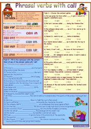 English Worksheet: Phrasal verbs with CALL *** with dictionary *** 2 tasks *** with key *** fully editable *** B&W version