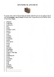 English worksheet: LETS TRAVEL? SO, LETS PACK UP!