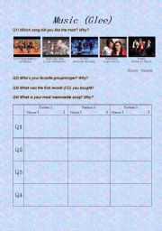 English Worksheet: Glee music worksheet