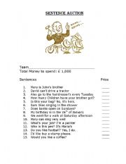 English Worksheet: Sentence Auction