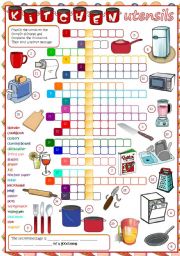 English Worksheet: Kitche Utensils - CROSSWORS (B&W + KEY included)