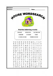 Parts of the house wordsearch
