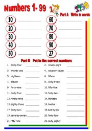 English Worksheet: Numbers 1 - 99