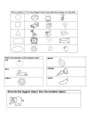 English worksheet: math shapes,sizes,colors