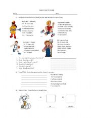 English Worksheet: Test Personal Description, Describing People, Prepositions of place, Verb TO BE