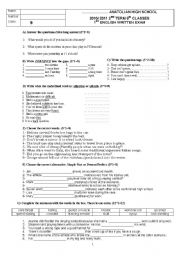 English worksheet: 9th classes Anatolian High School 2nd Term 1st Exam