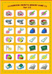 English Worksheet: Classroom Objects Memory Game Part 1/3
