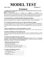 English Worksheet: GRAMMAR TEST OF VERBS, PREPOSITIONS, ARTICLES, IDIOMS, NARRATION, TRANSFORMATION, TAG QUESTIONS, COMPLETING SENTENCES.