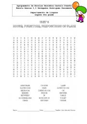 English worksheet: wordsearch: house, furniture, prepostions of place