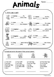 English Worksheet: Animal can/cant and riddles