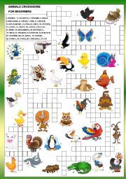 English Worksheet: ANIMALS CROSSWORD - FOR BEGINNERS + B&W