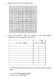 English Worksheet: Present Simple questions -pairwork activity with action verbs wordsearch