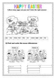 English Worksheet: Easter. How many eggs and  Find the diferences.