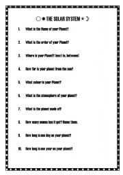 English worksheet: The solar system project