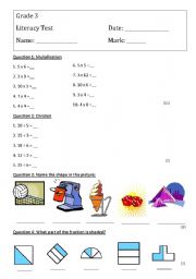 English Worksheet: Grade 3 Maths Test