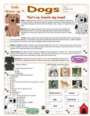 English Worksheet: Daily - Warm Ups 7 :  Dogs - Key Included ( 7/10)