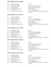 English worksheet: matching exercise - Personal questions and answers