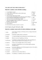 English Worksheet: VOCABULARY MATCHING EXERCISE