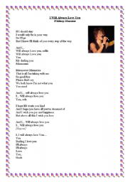 English worksheet: I will always love you by whitney Houston