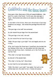 English Worksheet: Goldilocks and the three bears! (part 1. Reading)