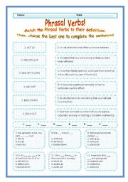English Worksheet: Phrasal Verbs Practice 01! -*- Definitions + Exercise -*- BW included -*- Fully editable with Key!