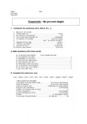 English worksheet: Homework (the simple present)