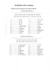 English worksheet: quantities, units, groups