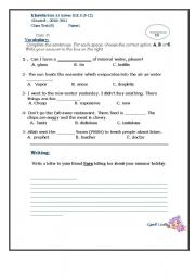 English Worksheet: Vocabulary and Writing class test