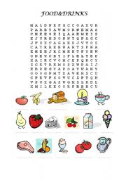 English Worksheet: FOOD&DRINKS WORDSEARCH