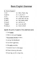 English worksheet: Basic parts of speech