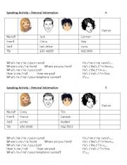 English Worksheet: Basic Personal Information Speaking Practice Gapfill