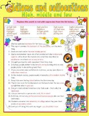 English Worksheet: Idioms & Collocations (High, Middle & Low + Key included)