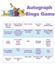 English Worksheet: Autograph Bingo Game