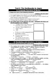 English Worksheet: Test on the earthquake and tsunami In Japan part 1