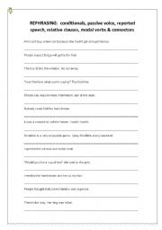 Rephrasing for upper intermediate students: 2 PAGES of conditionals, passive voice, reported speech, relative clauses, modal verbs & connectors