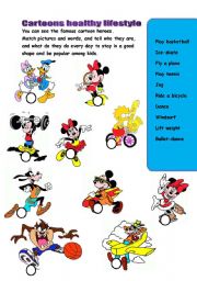 English Worksheet: cartoons health lifestyle_vocabulary, questions and present simple