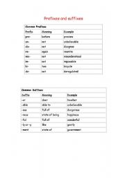 English worksheet: prefixes and suffixes