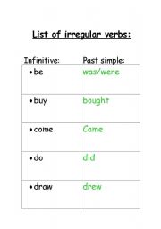 English Worksheet: list of irregular verbs