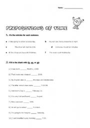 English Worksheet: Prepositions of time worksheet